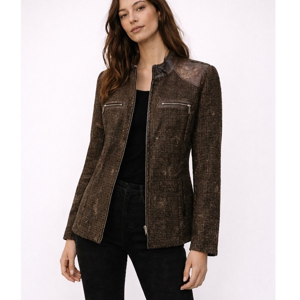 Chico's Brown Tweed Gold Metallic Faux Leather Full Zip Moto Coat Jacket SZ XL